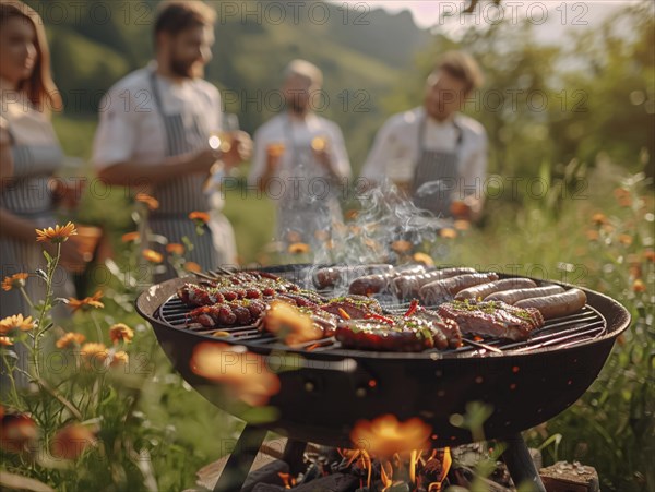 Barbecue party, guests with glasses in their hands stand around a chef who is grilling sausages and steaks, AI generated