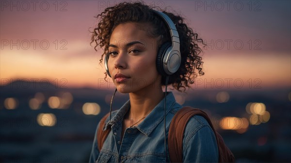 Contemplative Mixed-race curly woman in a denim jacket with headphones during evening in the city, bokeh blurred background, horizontal aspect ratio, AI generated