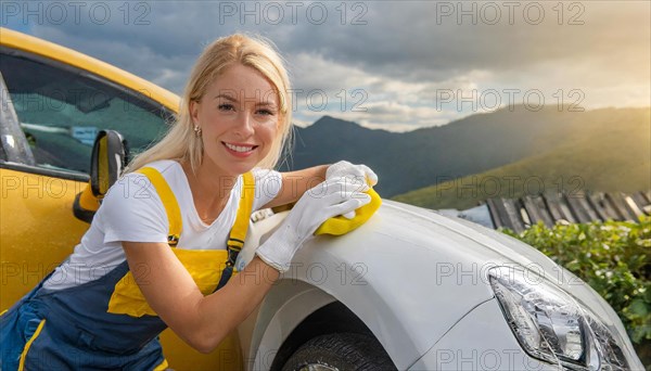 AI generated, A blonde woman washes a car by hand, silver sports car