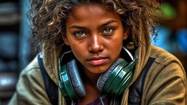 A youthful girl with headphones hangs around an urban environment with an intense gaze, women at heavy industrial jobs, feminine power and rights concept, AI generated
