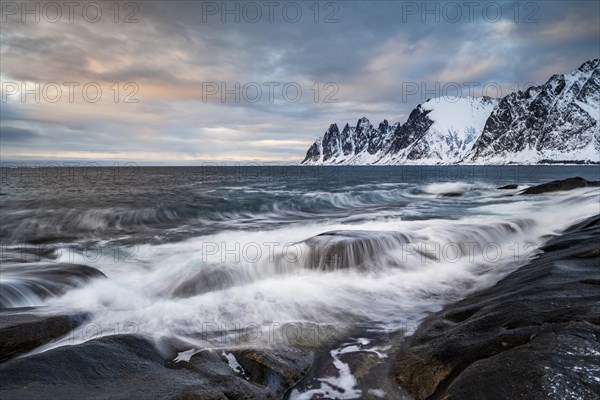 Rocky coast of Tungeneset, Devil's Teeth, Devil's Teeth, Okshornan, Steinfjorden, Senja Island, Norway, Europe