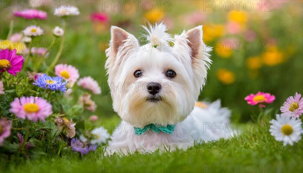 KI generated, A white Yorkshire Terrier lying in a flower meadow, (Canis lupus familiaris)