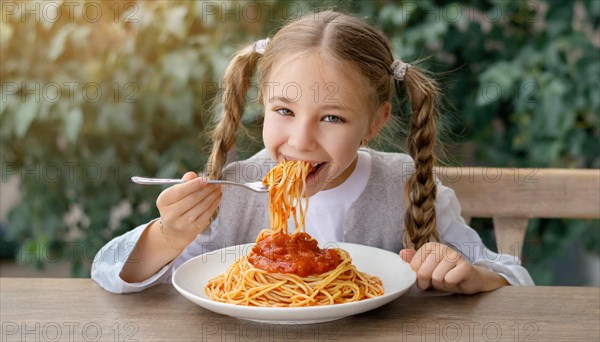 KI generated, A girl, 10, years, eats a plate of spaghetti with relish