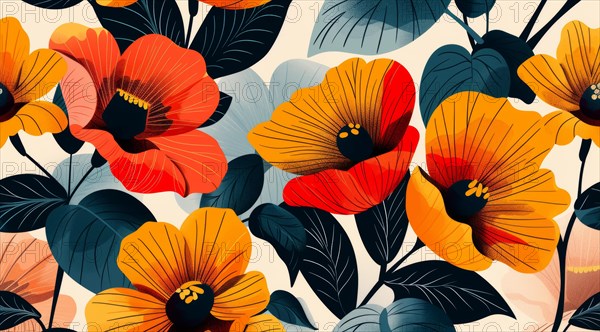 Bright and colorful digital art of a seamless botanical pattern with red and orange flowers, ai generated, AI generated
