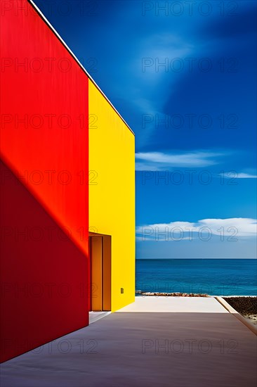 Architectural minimalism capturing intersecting yellow and red walls, AI generated