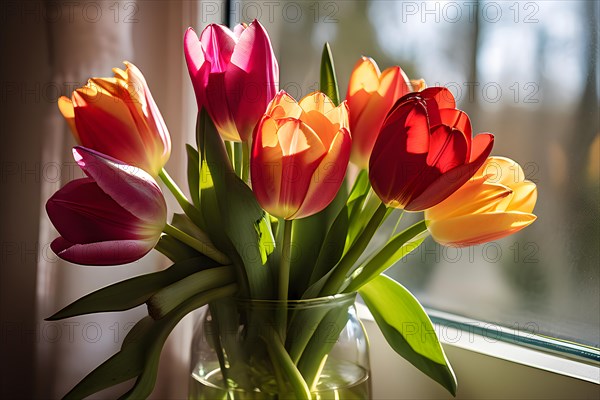 Bouquet of vibrant tulips nestled in a transparent glass vase, AI generated