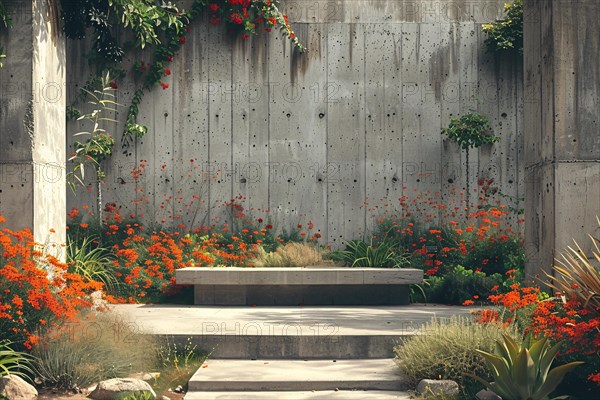 Tranquil urban garden with concrete elements and vibrant flowers, AI generated