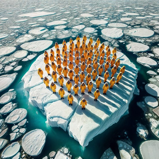 Aerial view of group people wearing yellow winter garment standing on a large block of ice in the middle of the ocean. AI generated