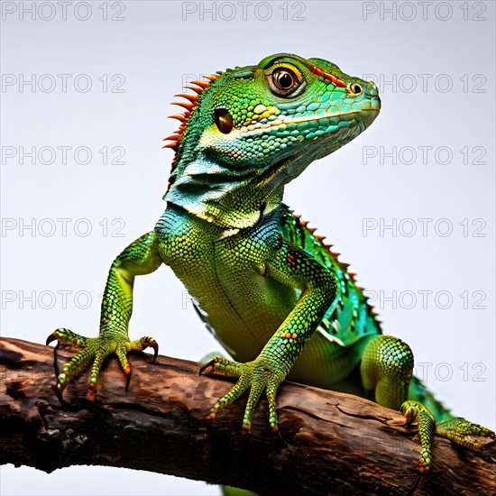 European green lizard portrait with its vibrant colors in hues of green and blue, AI generated