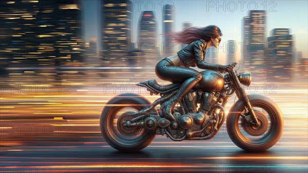 A sleek depiction of a woman speeding on a motorcycle through a city illuminated by lights, AI generated
