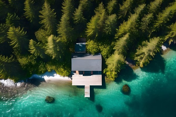 Drone view top down perspective of a minimalist cabin solitary on a secluded island, AI generated, building, architecture, modern