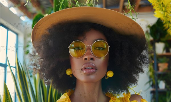Fashionable woman in yellow outfit with round sunglasses and afro hairstyle AI generated