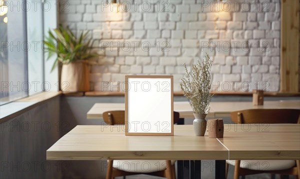 Minimalist cafe with a small empty frame, wooden furniture against a white brick wall, and a vase of dried flowers AI generated