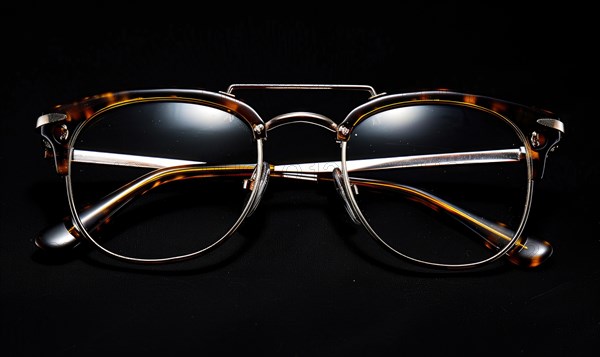 Classic tortoise shell sunglasses with thick frames on a reflective dark surface AI generated