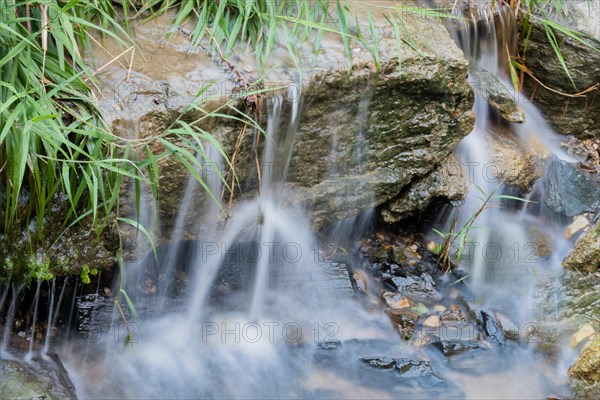 Gentle streams of water flow over rocks amidst green grass, in South Korea