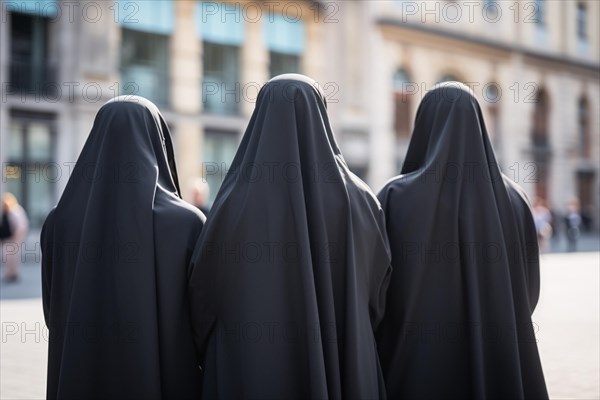 Back view of group of three women covered with black Muslim Niqab face veil in city street. KI generiert, generiert AI generated