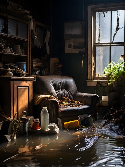 Interior of a flooded home furniture and personal items drenched, AI generated