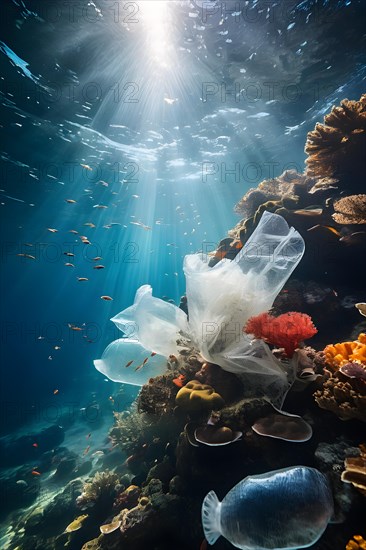 Coral reefs enveloped by drifting plastic bags and bottles, AI generated