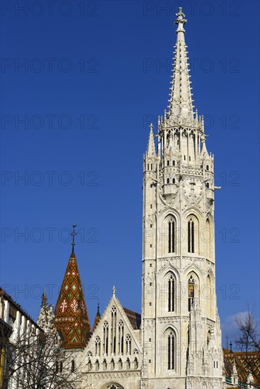 Matthias Church at the Fisherman's Bastion, building, travel, city trip, tourism, overview, Eastern Europe, architecture, building, history, historical, cityscape, attraction, sightseeing, church tower, craft, building craft, architecture, capital, Budapest, Hungary, Europe