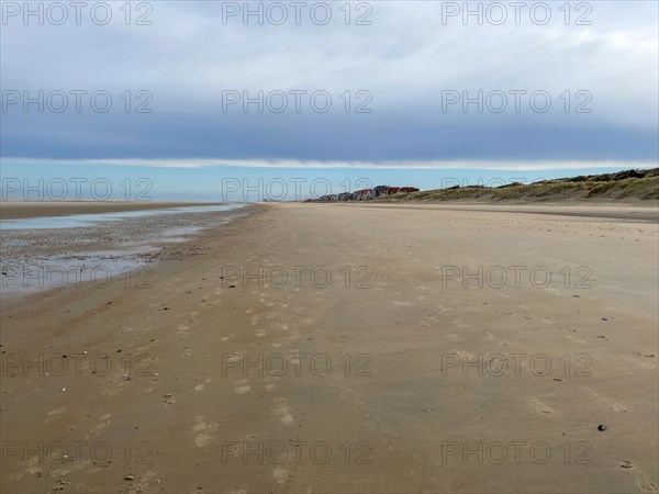 View of buildings on the horizon of a quiet beach with soft sand, DeHaan, Flanders, Belgium, Europe