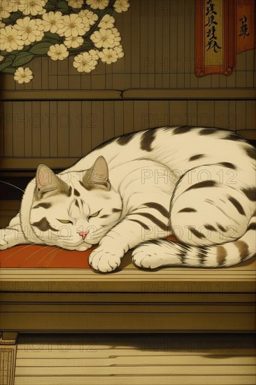 Serene illustration of a sleeping fat cat in a Japanese ukiyo-e art style, vertical aspect, AI generated