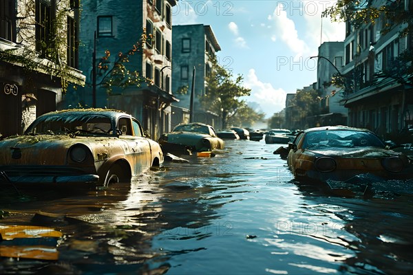 Abandoned cars half submerged in a flooded city street, AI generated