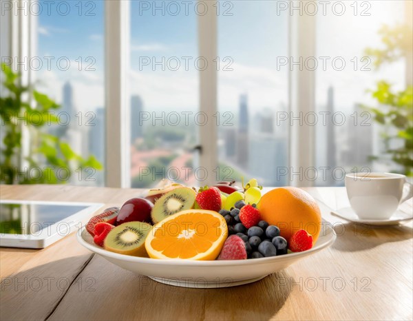 A sun-drenched high-tech office with a plate of fruit on the table and an urban panorama, AI generated, AI generated