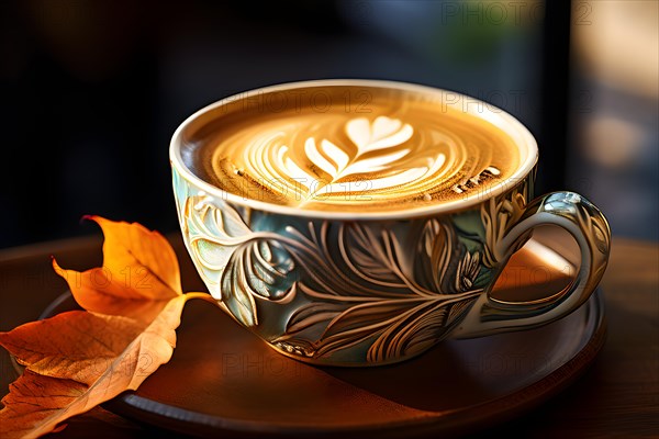 Ceramic cup cradling a latte art masterpiece leaf patterns intertwining in crema, AI generated