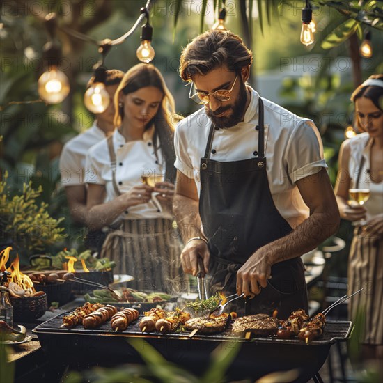 Barbecue party, guests with glasses in their hands stand around a chef who is grilling sausages and steaks, AI generated