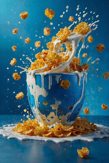 Dynamic milk and cereal splash over a blue bowl on a blue backdrop, AI generated