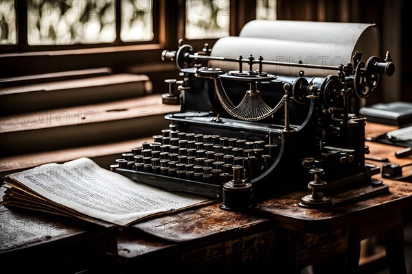 Antique typewriter with peeling paint and rust, AI generated