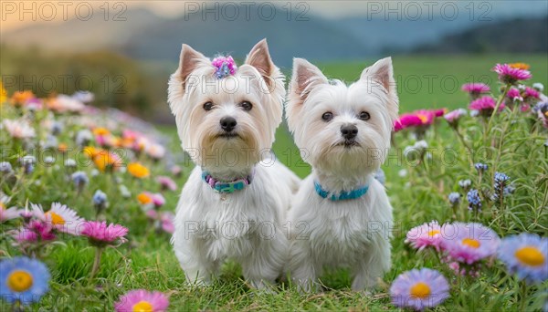 KI generated, A white Yorkshire Terrier sits in a flower meadow, (Canis lupus familiaris)