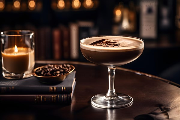 A rich espresso martini nestled on a cafe bar, AI generated