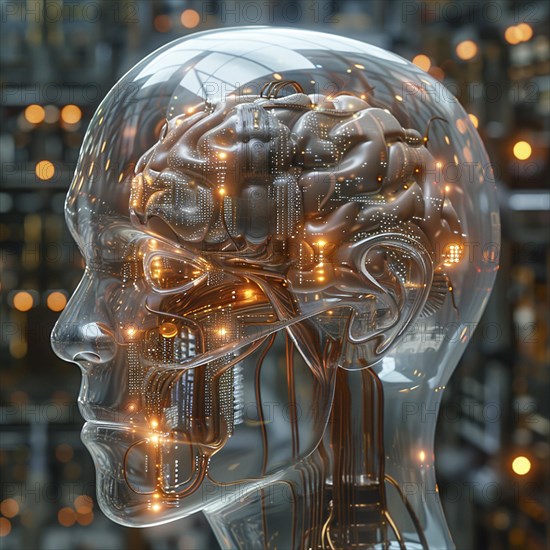 Medical a human head with brain and computer chip, symbol image KI in the human brain, ai generated, AI generated