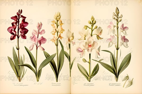 Vintage botanical illustration featuring various orchid species, AI generated