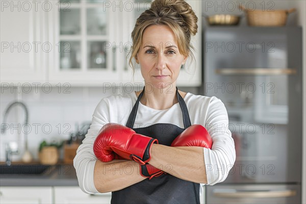 Middle-aged housewife woman in kitchen with apron, red boxing gloves. KI generiert, generiert AI generated
