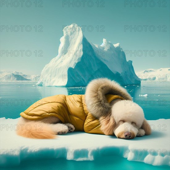 Dog Animal character in yellow golden puffer jacket lies on a block of ice alone in the middle of the ocean sea. Environmental issue, climate change agenda, AI generated