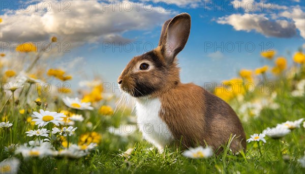 KI generated, A colourful dwarf rabbit in a meadow with white and yellow flowers, spring, side view, (Brachylagus idahoensis)