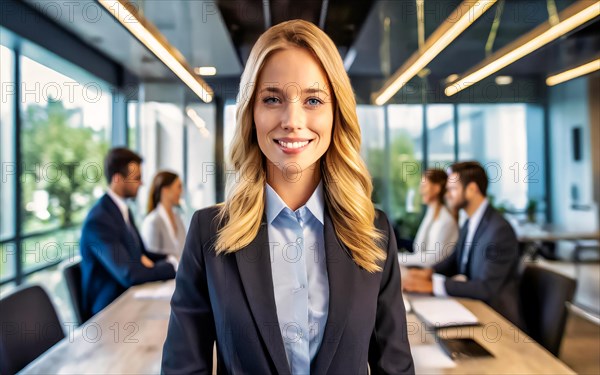 Self-confident woman with blonde hair standing in the office, professional businesswoman, young managing director of a company, AI generated, AI generated