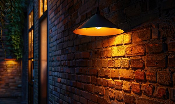 An industrial-style pendant lamp hangs against a brick wall, emanating a soft, warm light AI generated