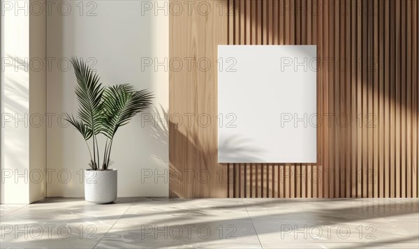 A modern simple interior with a palm in a pot, a bright atmosphere, and a large empty frame on a wall AI generated