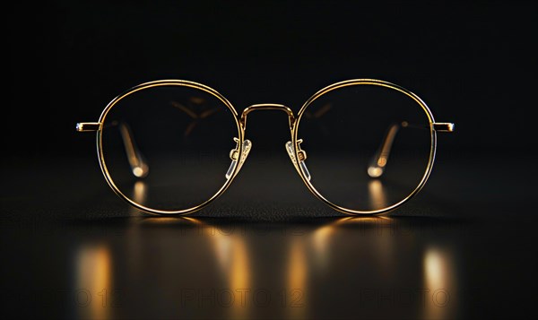 Golden framed eyeglasses on a reflective surface against a dark background AI generated