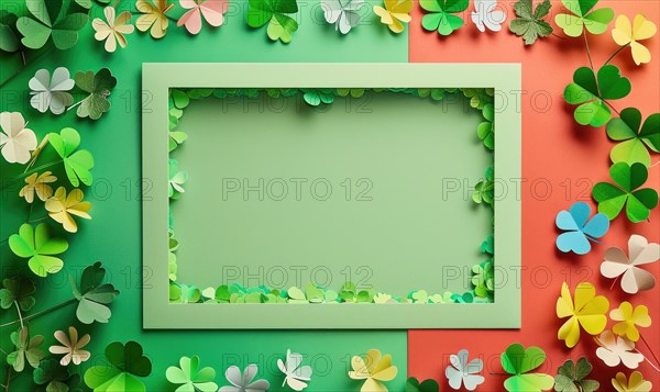 Green frame on a darker green background with paper cut shamrocks around it AI generated
