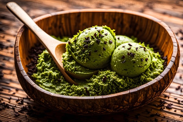 Matcha green tea ice cream nestled in a textured coconut bowl speckled with dark chocolate shavings, AI generated