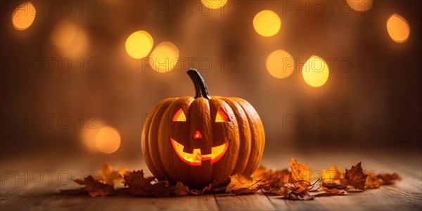 Carved Halloween pumpkin with orange autumn leaves and bokeh lights in background. KI generiert, generiert AI generated