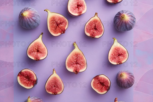 Top view of whole and halved fig fruits on purple background. KI generiert, generiert AI generated