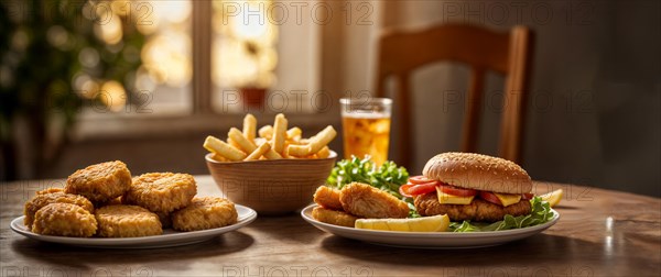 A fast-food dinner at home with a burger, fries, chicken nuggets and a soda, wide horizontal aspect ratio, blurred sunny background with bokeh effec AI generated