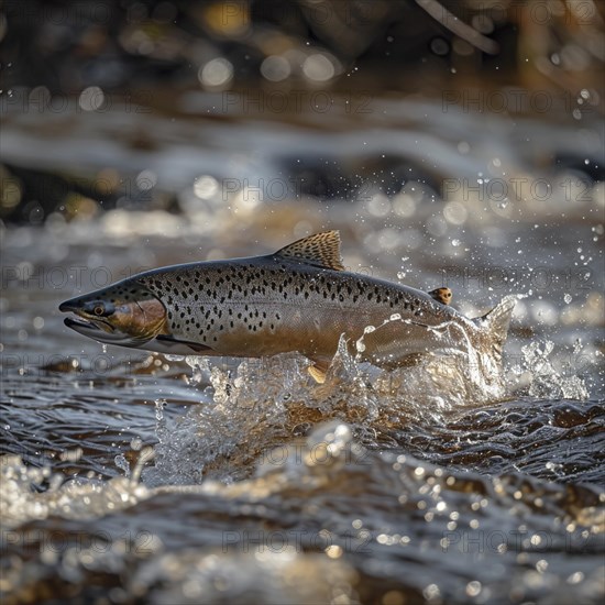 Salmon (Salmo salar) on the migration and swim up a stream in shallow, clear water, ai generiert, AI generated