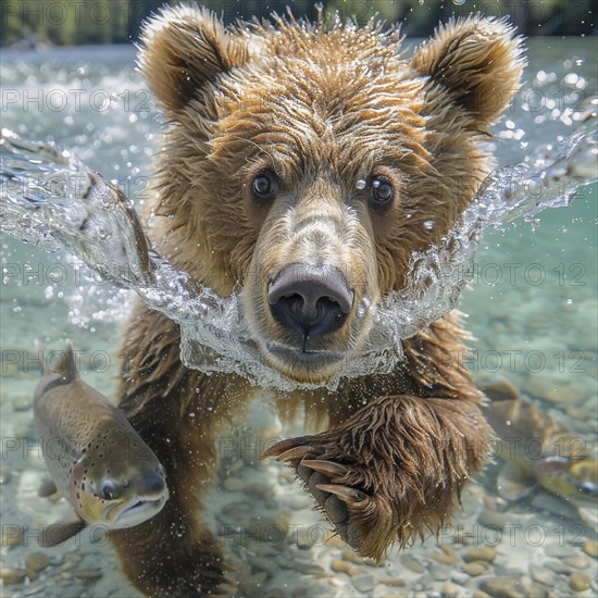 A brown bear hunts salmon in shallow clear water, AI generated