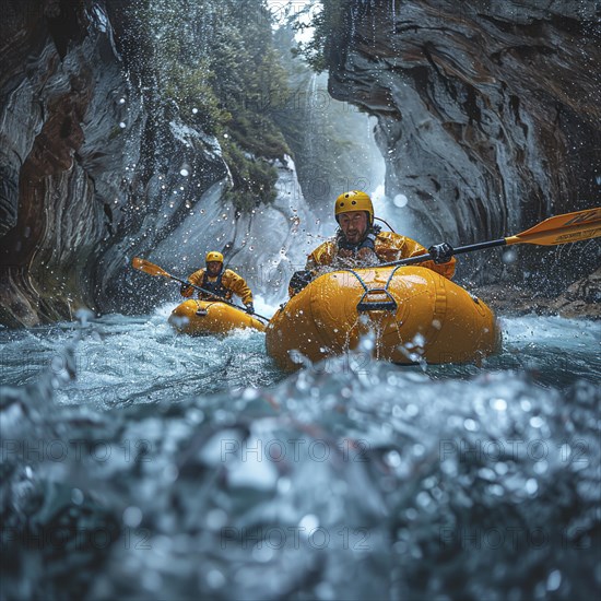 Whitewater riders ride boats through rapids, AI generated